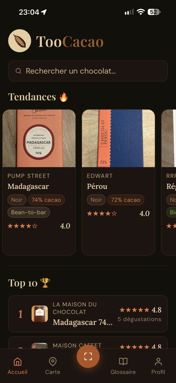 Écran d'accueil de TooCacao : tendances et Top 10